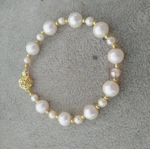 Beautiful AAA 9-10mm Akoya White baroque Pearl Bracelet 14k Size Adjustab - Picture 1 of 5