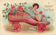New Year Postcard Angel Cherub Shoe Car with Roses Christmas Seal 1908    O5