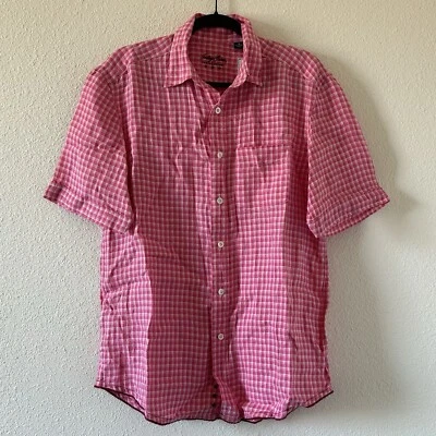 Indigo Palms Mujer’s 100% Lino Abotonado Mediano Nuevo con Etiquetas Rosa Cuadros Mangas Cortas Foto 1 de 4