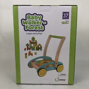 Cossy Wooden Baby Learning Walker Forest Theme Blocks Roll Cart Push Toy 37 PCS. - Picture 1 of 5