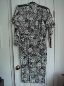 VINTAGE LILLE RUBIN SILK BLACK & IVORY POLKA DOTS & FLOWERS DRESS size 4 - Picture 1 of 13
