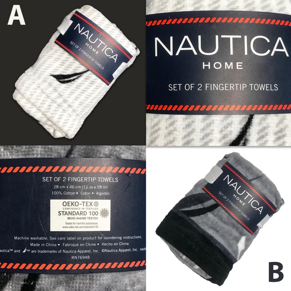 SET OF 2 New NAUTICA HOME Fingertip Towels White / Gray OR Med Gray / Black - Image 1 of 1