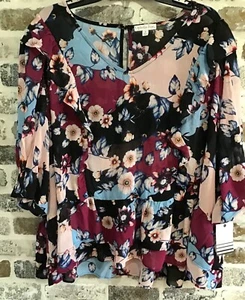 Ophelia Roe Women's Size 3X Sheer Floral Print Short Sleeve Ruffle Peplum Top  - Picture 1 of 8