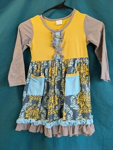 Girls XXL Floral Ruffle Dress Yellow Blue Pockets Boho Style Long Sleeve - Picture 1 of 5