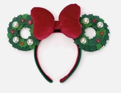 Diadema de terciopelo con lazo de guirnalda de Navidad de los parques de Disney para orejas de Minnie nueva 2025 Foto 1 de 4