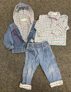 Vintage OshKosh B’Gosh 90s Denim Jeansjacke Set 24M Kleinkind Auto Print - Bild 1 von 18