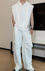 Chic Men Hooded Sleeveless Tops Long Wide-leg pants Loose Sport Clothing 2pc - Picture 1 of 15