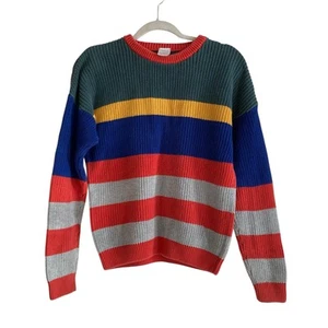 Kids Hanna Anderson Red Green Striped Cotton Knit Kidcore Colorful Sweater Sz 12 - Picture 1 of 17