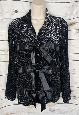 Samuel Dong Velvet Burnout Tie Front Top Womens Large Dot Print Whimsigoth Black - Image 1 of 4
