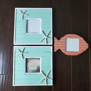 Beach Nautical Picture Frame Coral Fish Blue Driftwood With Starfish Lot Of 3 - Picture 1 of 11