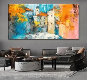 Modern Abstract Village Painting Unframed Canvas Painting for Living - Picture 1 of 6