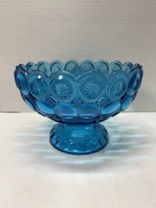 Vintage L.E. Smith Glass Moon & Stars Aqua Blue Footed Pedestal Fruit Bowl - Bild 1 von 10