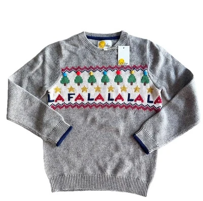 NEW Girls 9 - 10 Y Mini Boden Holiday Sweater  FA LA LA Pompom Christmas Gray - Image 1 of 4