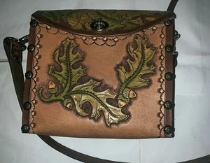  Hand tooled leather and wood purse/shoulder bag, by Lothar's Leather.  - Picture 1 of 9