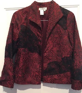 Coldwater Creek Black/Red Floral Textured Jacket Blazer w/ Lace & Beads PSmall - Picture 1 of 8