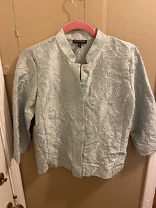 Eileen Fisher Silk Crinkle Button Down Top PS Blue Mandarin Collar 3/4 Sleeve - Picture 1 of 6