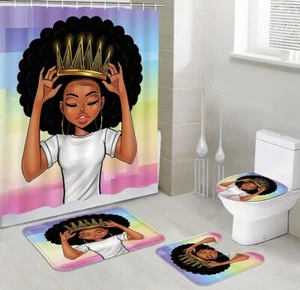 4 Sets Black Girl Shower Curtain Sets with Bath Rugs Set,Rustic African Afro Wom - Picture 1 of 5