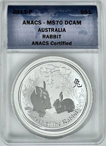 2011 P Australia Lunar Rabbit 1 Oz Silver Coin .999 ANACS MS 70 DCAM - Picture 1 of 2