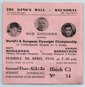 1949 Boxing Ticket, Rinty Monaghan v Maurice Sandeyron, King's Hall Belfast, rf1 - Picture 1 of 4