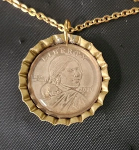 Sacagawea Dollar Necklace 24" Gold Tone Chain. Coin mounted in 1.25" BottleCap - Picture 1 of 4