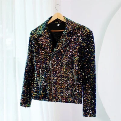Men Glitter Sequin Motorcycle Jacket Oblique Zipper Biker Coat Outwear Chic Soft - Image 1 of 4