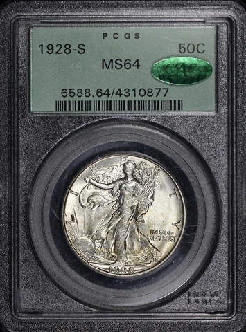 1928-S 50c Walking Liberty Half Dollar PCGS MS 64 OGH CAC Old Green Holder Cover