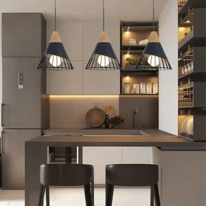 Kitchen Pendant Light Bar Lamp Wood Ceiling Lights Black Chandelier Lighting 3X - Picture 1 of 8