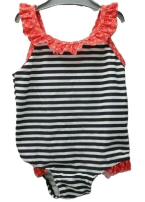 H&M maillot de bain blanc rayé bleu avec volant noeud rouge fleurs bébé 1-2ans - Photo 1/2