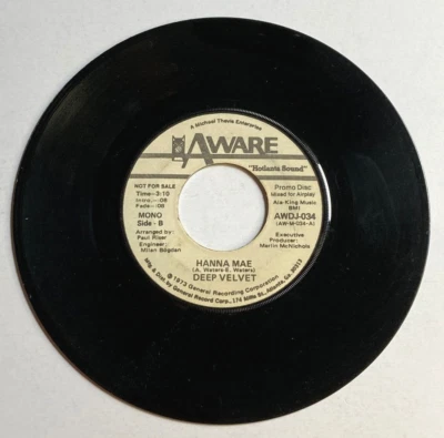 DEEP VELVET 45 RPM Record Aware Promo AWDJ-034 Hanna Mae Soul - Image 1 of 2