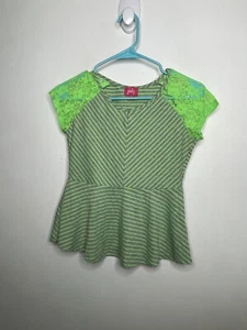 Pinky Neon Stripe Peplum Top Girls Size Xl 14-16 Lime Green Lace Short Sleeve - Picture 1 of 4