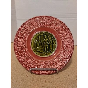 8" Antique Pink and Green Children Fishing Majolica Plate - Picture 1 of 3