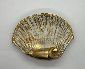 Mid Century Royal Haeger Sea Shell Dish White and Gold 8 1/2" Length #144 - Picture 1 of 7