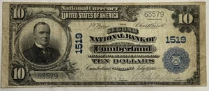 1902 $10 SECOND NATIONAL BANK CUMBERLAND, MD NATIONAL CURRENCY CHTR 1519 NICE VF - Picture 1 of 2