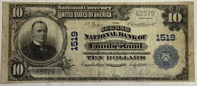 1902 $10 SECOND NATIONAL BANK CUMBERLAND, MD NATIONAL CURRENCY CHTR 1519 NICE VF - Image 1 of 2