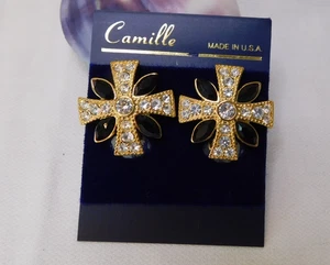 Black Enamel Crystal Rhinestone Clip on Earrings - Picture 1 of 4