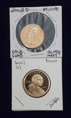 2002 D Mississippi State Quarter  GOLD CLAD-2007 Sacagawea Proof $1 - Image 1 of 4