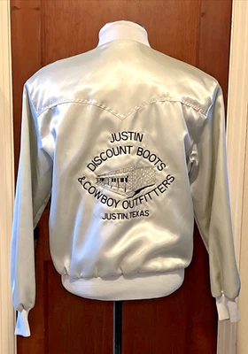 Jaqueta de cetim vintage anos 70 anos 80 prata ocidental MÉDIA Justin Boots Cowboy Texas EUA - Imagem 1 de 4