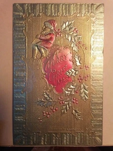 1908 A Merry Christmas Postcard P. Sanders, NY Embossed Foil Santa Red Sign - Picture 1 of 2