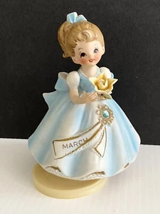 Lovely Vtg March Birthstone Girl Figurine Dressed In Blue Musical Spinning Base - Picture 1 of 22