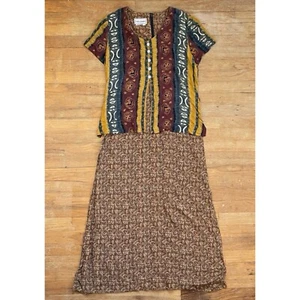 Vintage Mixed Print Maxi Dress Size Large 1990s Short Sleeve Tie Back Waist - Picture 1 of 9