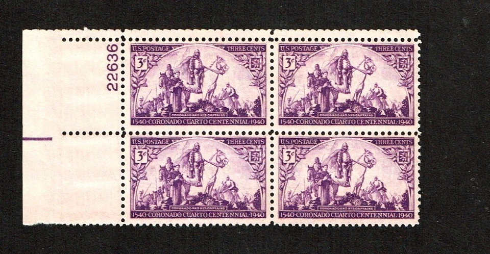 1940 U.S. 3c CORONADO Plt#BLK of 4 Sc#898 M/NH/OG Pristine ^ - Image 1 of 1