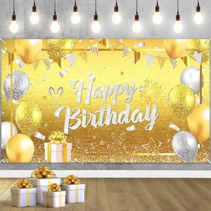 Gold Silver Happy Birthday Banner Decorations Large Gold Silver Glittery Birt... - Picture 1 of 7