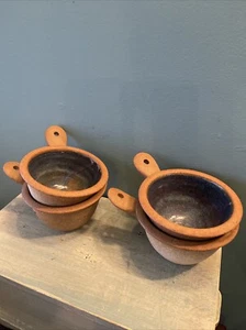 Set Of 4 Cute Clay Bowls With Handles Blue Glazed Inside Mark On Bottom 270 - Picture 1 of 9