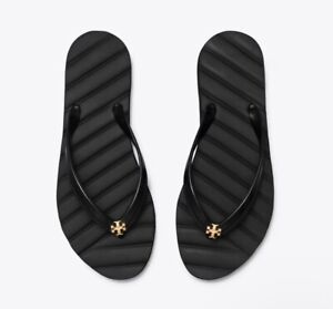 Tory Burch Kira Flip Flop Thong Sandal Brass Gold Logo. Perfect Black . Size#8