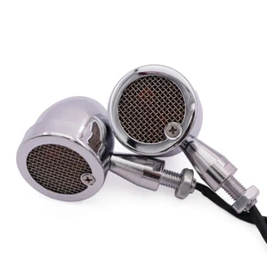 2X Chrome Motorcycle Retro Metal Bullet Grill Turn Signal Amber Indicator Light - Picture 1 of 8