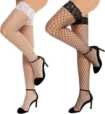New Sexy Lace Top Hold Ups Stockings Fishnet Sheer High Thigh in Various Color - Image 1 of 4