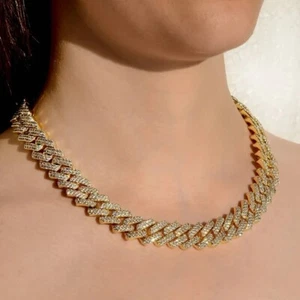 17Ct Round Lab-Created Diamond Womens 15mm Cuban Chain Necklace Gold Plated 925 - Picture 1 of 5