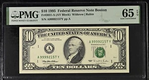 1995 Federal Reserve Note. Four of Kind (9999) Good Grade "Gem Unc" 65EPQ - Picture 1 of 2