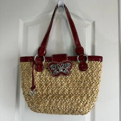 Brighton Straw Shoulder Bag Red Trim Butterfly Magnetic Closure Handbag Purse - Image 1 of 4