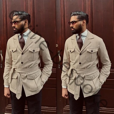 Chaquetas de safari beige pata de gallo para hombre con cinturón abrigos de boda al aire libre caza Foto 1 de 4
